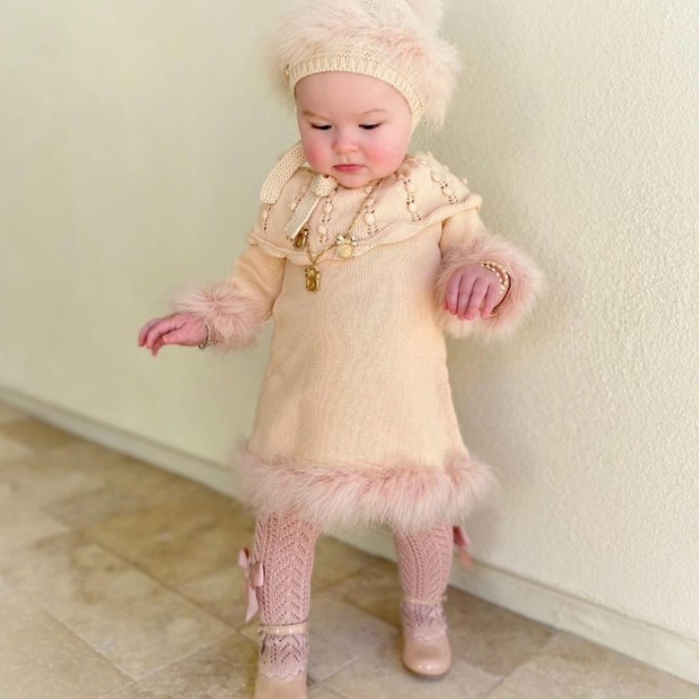 Ella Knit Beige Feather Dress and lion bonnet pink